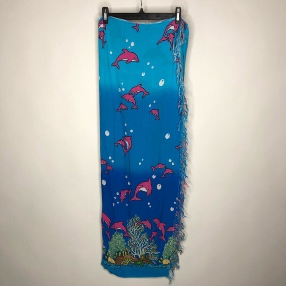 DOLPHIN Under the Sea Blue & Pink Coral Reef Tassel Beach Coverup Sarong Skirt